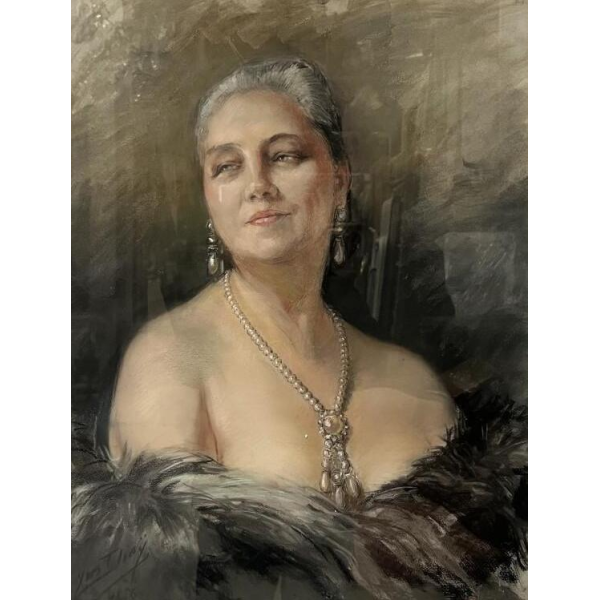 Yves Diey, portrait en buste d'une élégante aux épaules dénudées, pastel sur papier, XX siècle