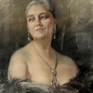 Yves Diey, busteportret van een elegante vrouw met blote schouders, pastel op papier, 20e eeuw