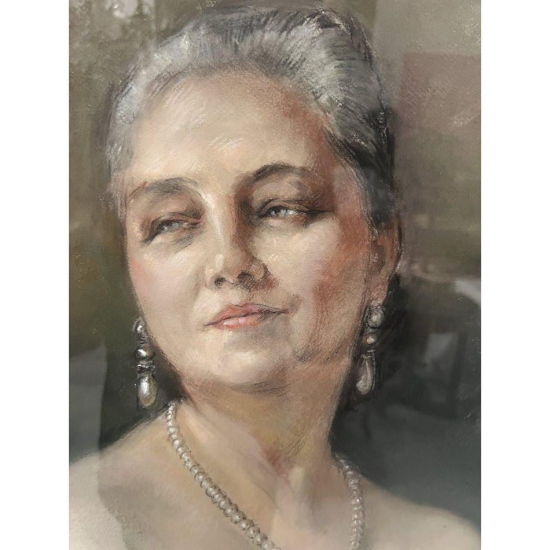 Yves Diey, busteportret van een elegante vrouw met blote schouders, pastel op papier, 20e eeuw