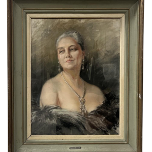 Yves Diey, busteportret van een elegante vrouw met blote schouders, pastel op papier, 20e eeuw