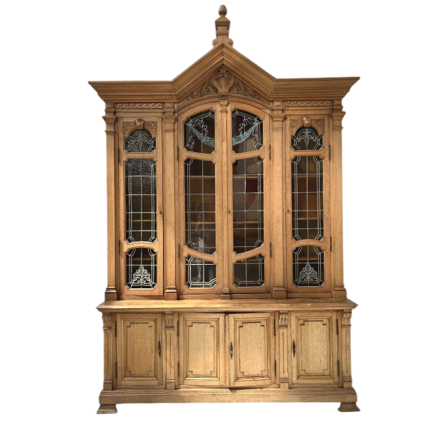 Double-bodied display bookcase in solid oak and stained glass, 20th century