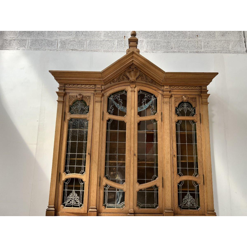 Double-bodied display bookcase in solid oak and stained glass, 20th century