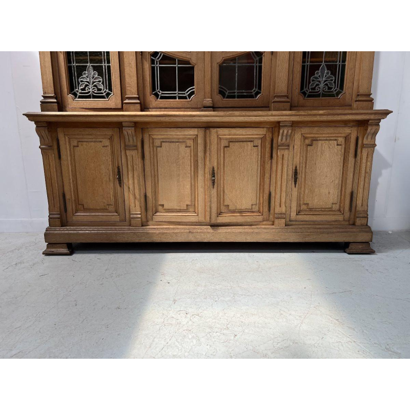 Double-bodied display bookcase in solid oak and stained glass, 20th century