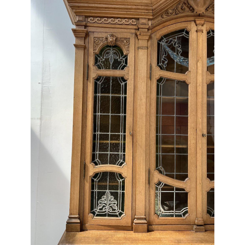 Double-bodied display bookcase in solid oak and stained glass, 20th century