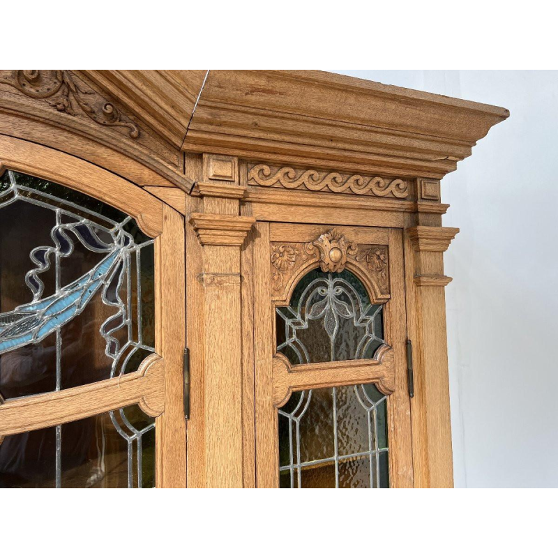 Double-bodied display bookcase in solid oak and stained glass, 20th century