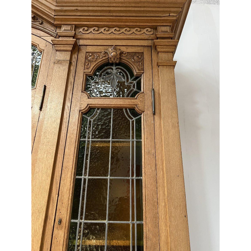 Double-bodied display bookcase in solid oak and stained glass, 20th century