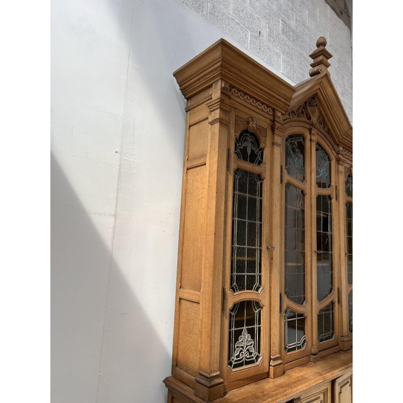 Double-bodied display bookcase in solid oak and stained glass, 20th century