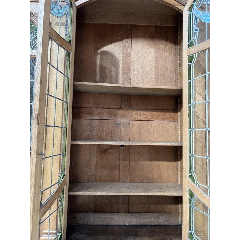 Double-bodied display bookcase in solid oak and stained glass, 20th century