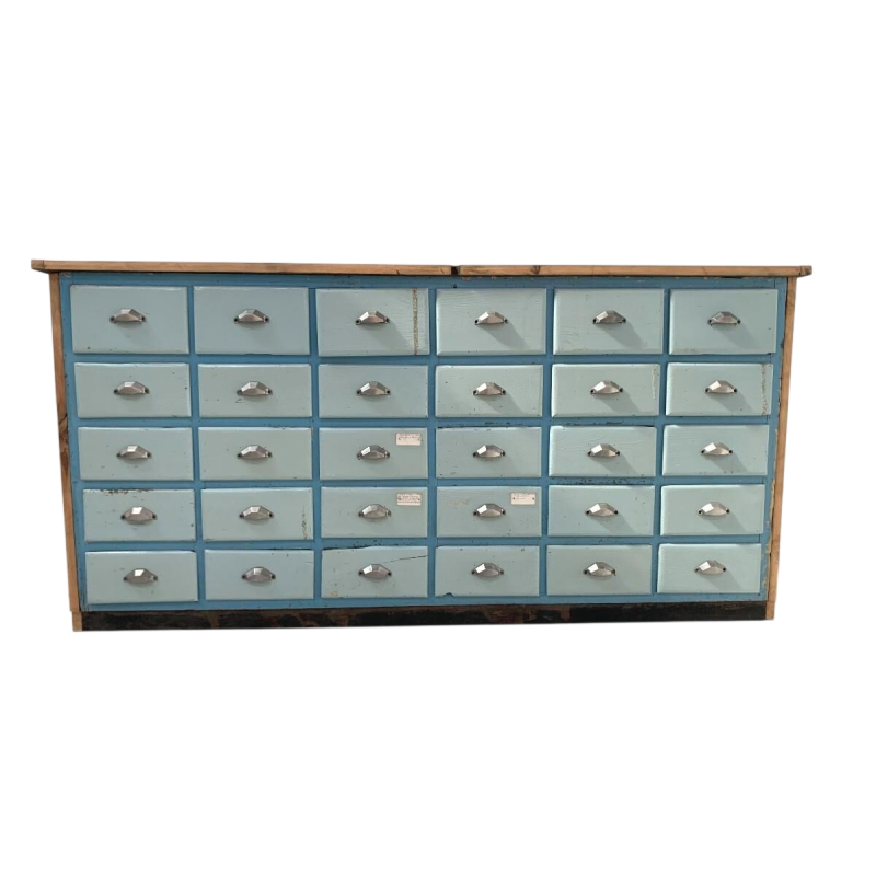 Storage unit with 30 drawers in patinated fir, 20th century