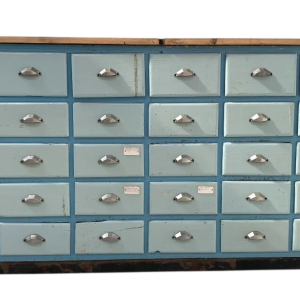 Storage unit with 30 drawers in patinated fir, 20th century