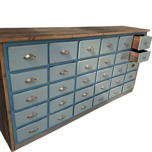 Storage unit with 30 drawers in patinated fir, 20th century