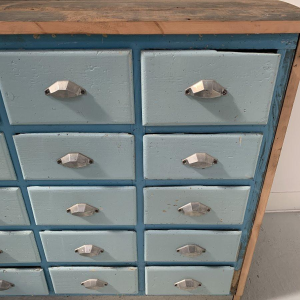 Storage unit with 30 drawers in patinated fir, 20th century