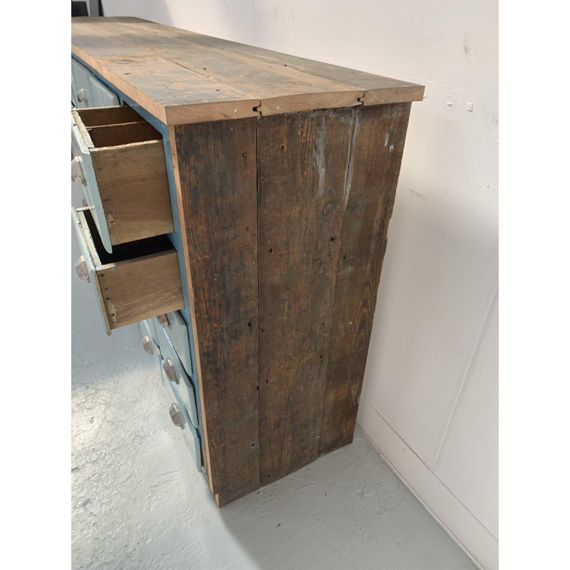 Storage unit with 30 drawers in patinated fir, 20th century