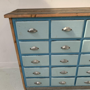 Storage unit with 30 drawers in patinated fir, 20th century