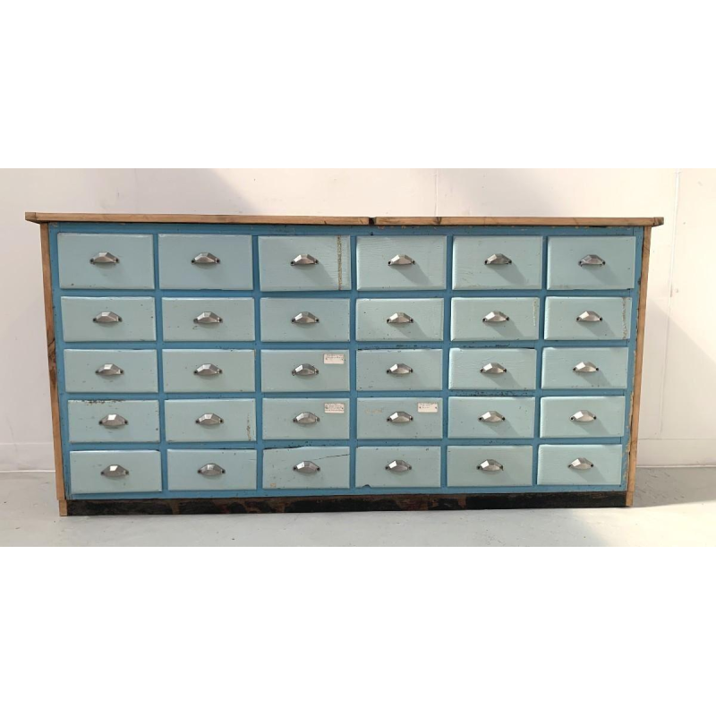 Storage unit with 30 drawers in patinated fir, 20th century