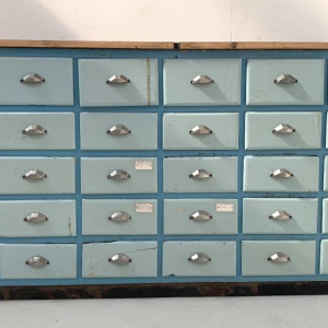 Storage unit with 30 drawers in patinated fir, 20th century