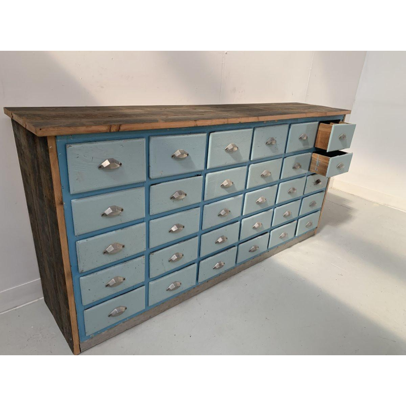 Storage unit with 30 drawers in patinated fir, 20th century