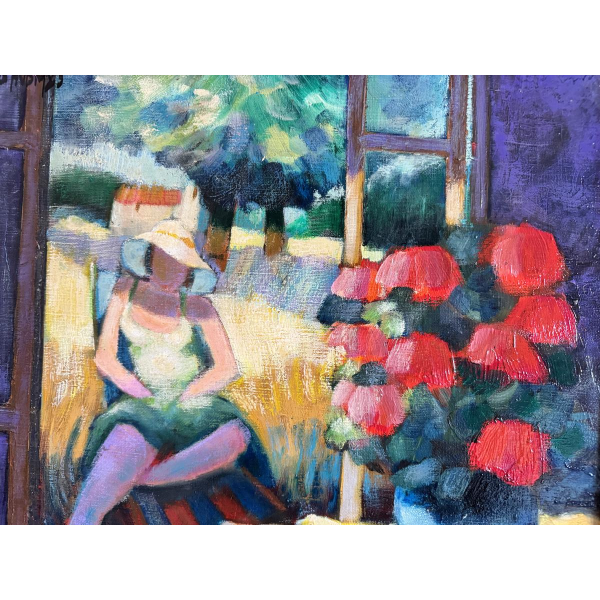 Yves AUBRY «Jeune femme admirant le bouquet» peinture huile sur toile de 1983