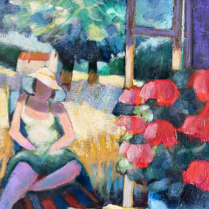 Yves AUBRY “Young woman admiring the bouquet” oil painting on canvas from 1983