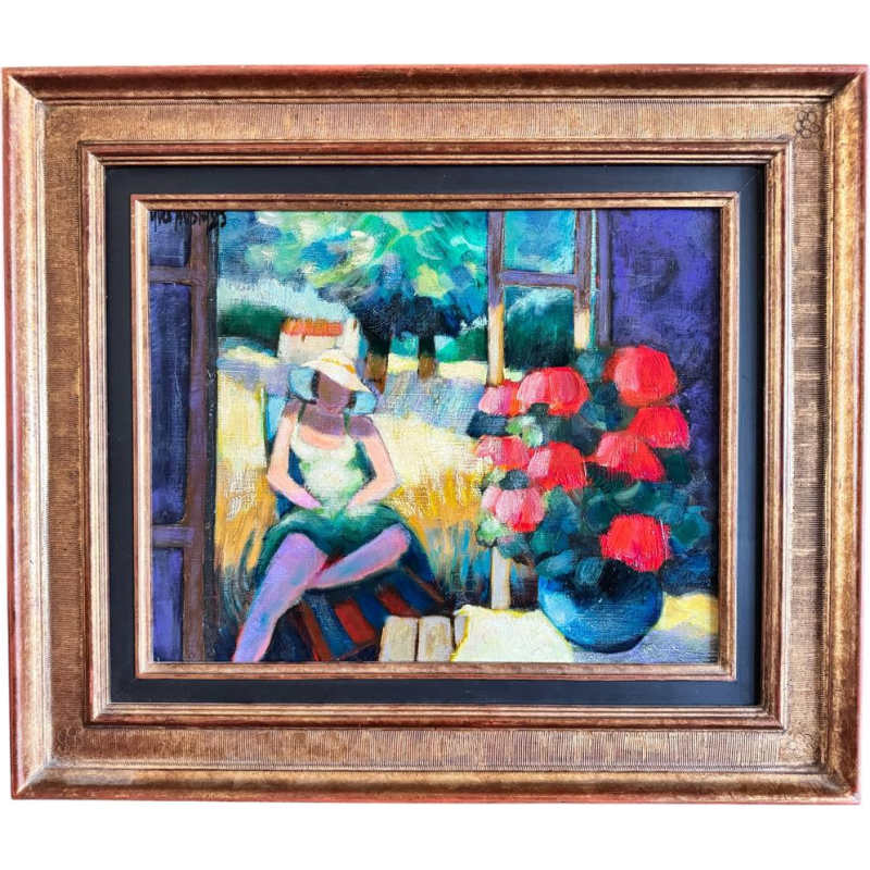 Yves AUBRY «Jeune femme admirant le bouquet» peinture huile sur toile de 1983