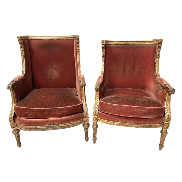 Pair of wingback armchairs, Louis XVI style, giltwood, early 20th century
