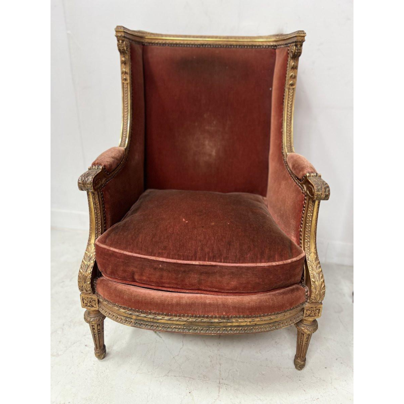 Pair of wingback armchairs, Louis XVI style, giltwood, early 20th century