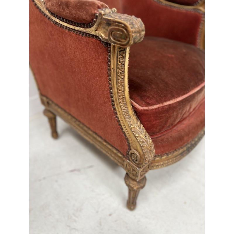 Pair of wingback armchairs, Louis XVI style, giltwood, early 20th century