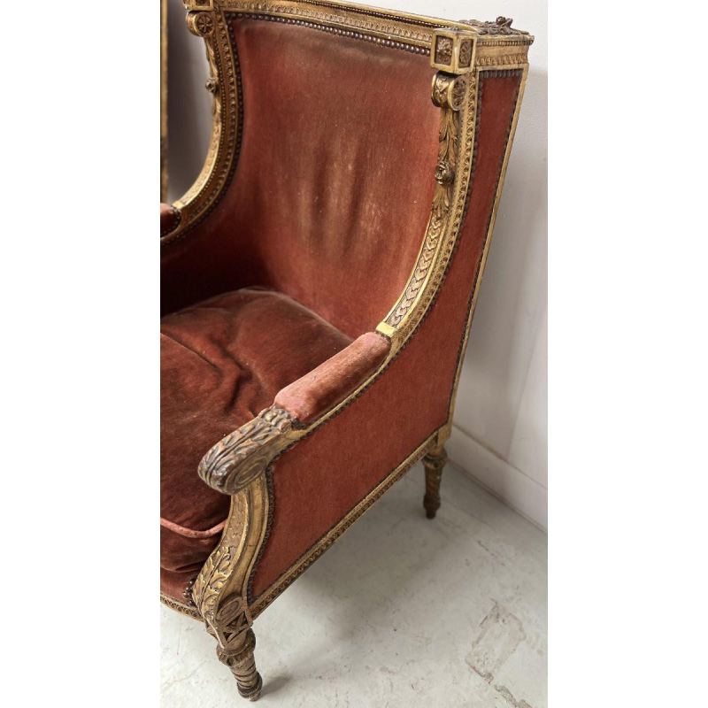 Pair of wingback armchairs, Louis XVI style, giltwood, early 20th century