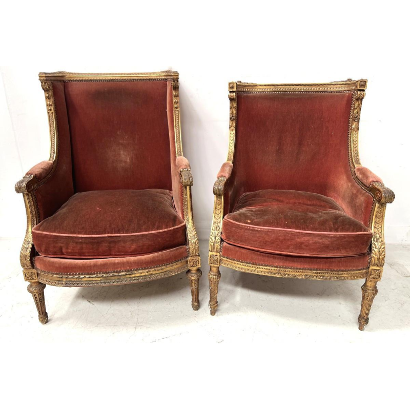 Pair of wingback armchairs, Louis XVI style, giltwood, early 20th century