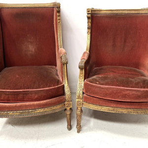 Pair of wingback armchairs, Louis XVI style, giltwood, early 20th century