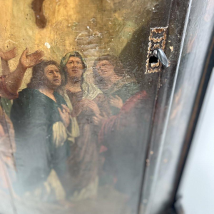 Napoleon III half-moon corner cabinet, painted decoration of a biblical scene, 19th century