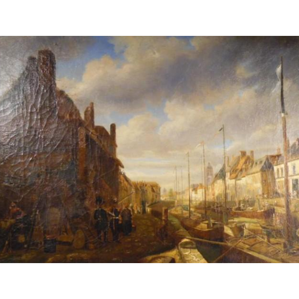 E. Bozière "Lively Port" oil on canvas, signed and dated 1850