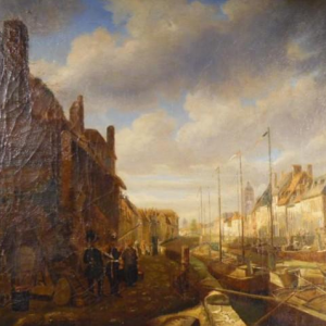 E. Bozière "Levendige haven", olieverf op doek, gesigneerd en gedateerd 1850.