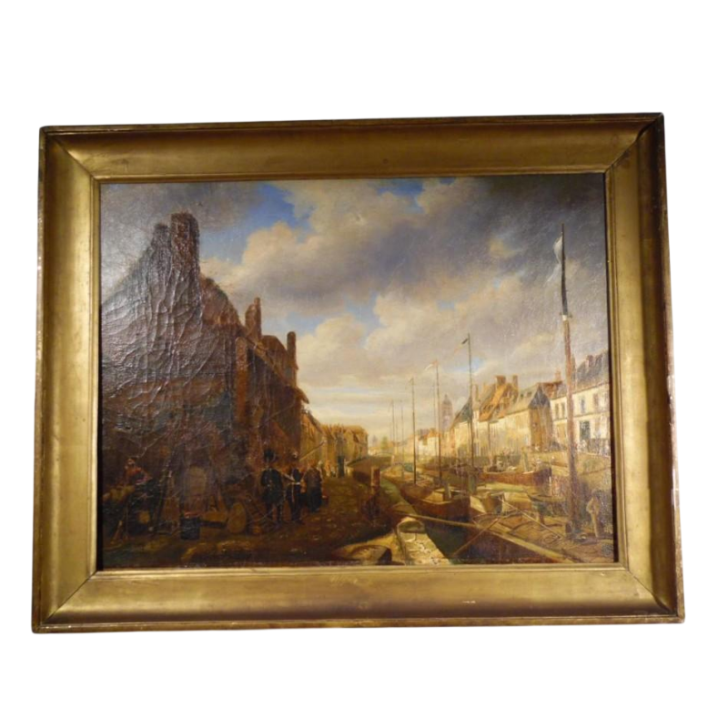 E. Bozière "Lively Port" oil on canvas, signed and dated 1850