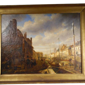 E. Bozière "Port animé" huile sur toile signée et datée de 1850