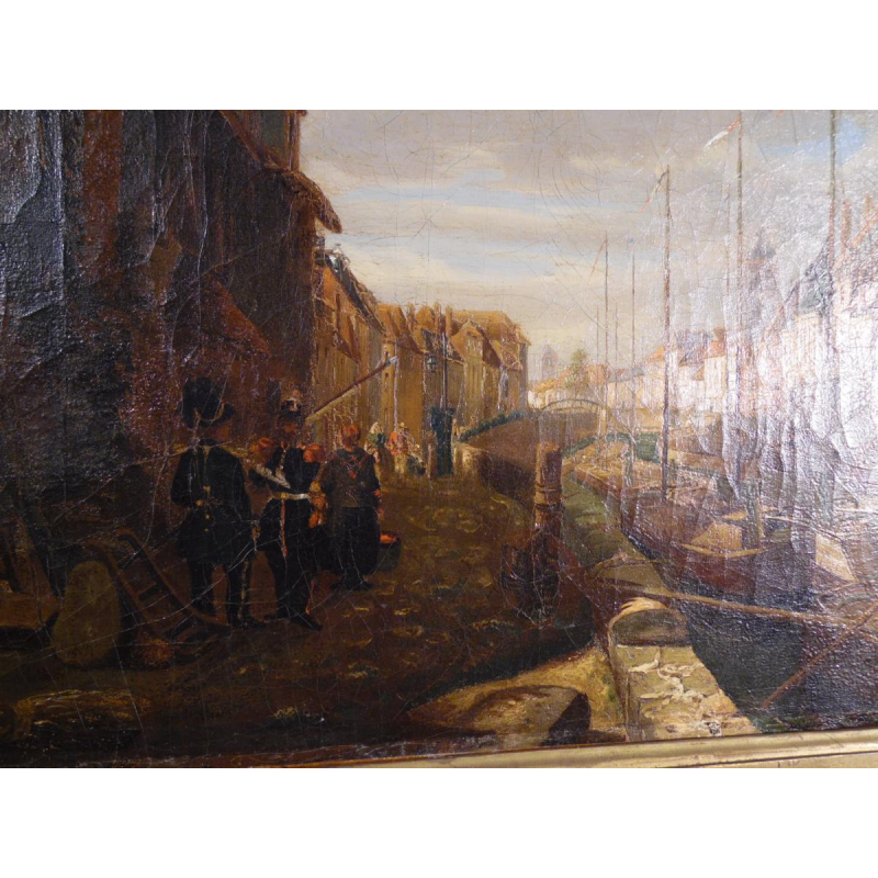 E. Bozière "Levendige haven", olieverf op doek, gesigneerd en gedateerd 1850.