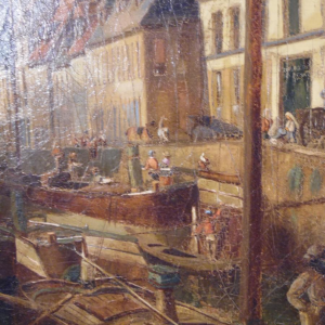 E. Bozière "Levendige haven", olieverf op doek, gesigneerd en gedateerd 1850.