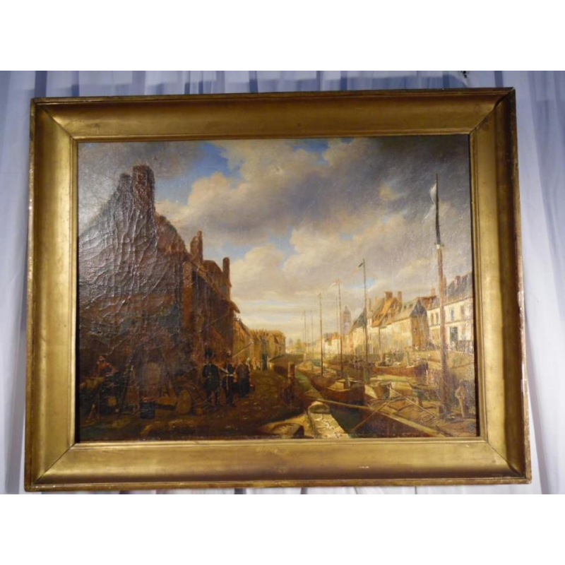 E. Bozière "Levendige haven", olieverf op doek, gesigneerd en gedateerd 1850.