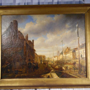 E. Bozière "Levendige haven", olieverf op doek, gesigneerd en gedateerd 1850.