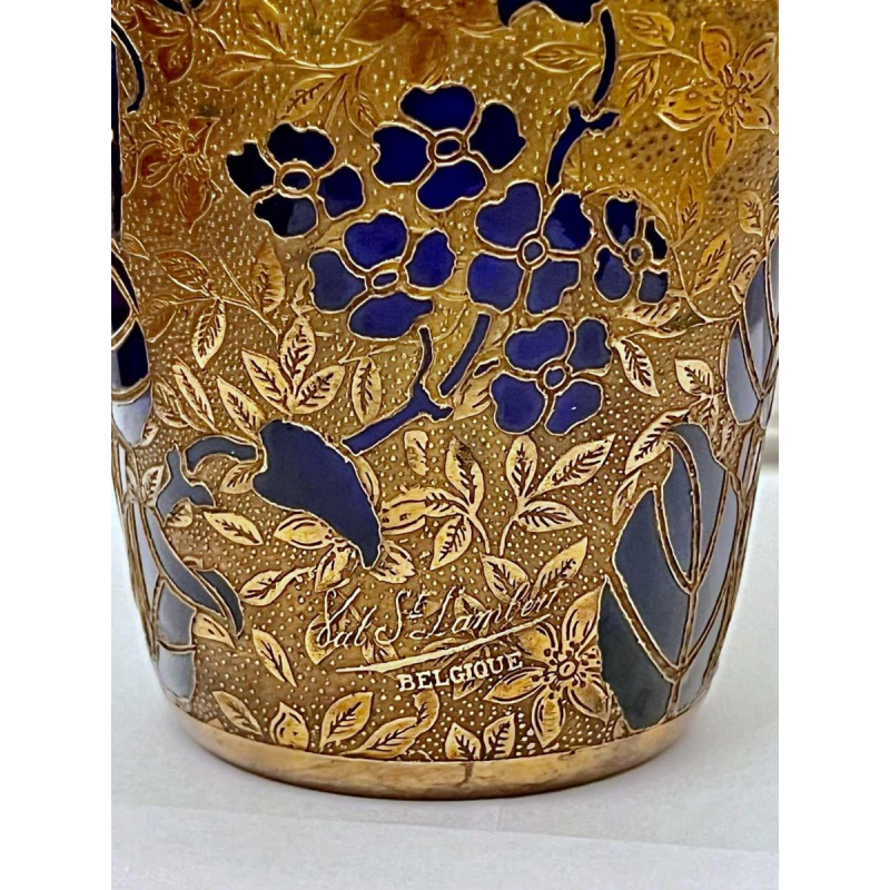 Léon Ledru for Val Saint Lambert, Art Nouveau cobalt blue crystal and electroplated vase 1900