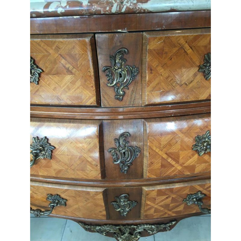 Louis XIV style commode, "Tombeau" model, marquetry and bronze, mid-20th century