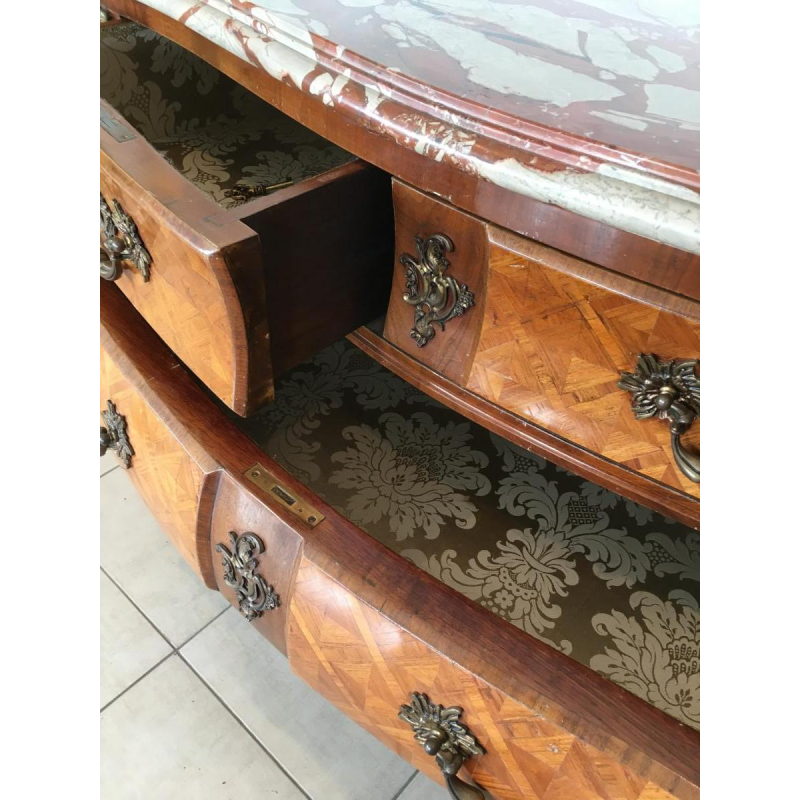 Louis XIV style commode, "Tombeau" model, marquetry and bronze, mid-20th century