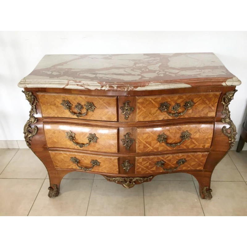 Louis XIV style commode, "Tombeau" model, marquetry and bronze, mid-20th century