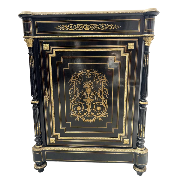 Kast in Napoleon III-stijl met één deur, van geëboniseerd hout en messing marqueterie, 19e eeuw.