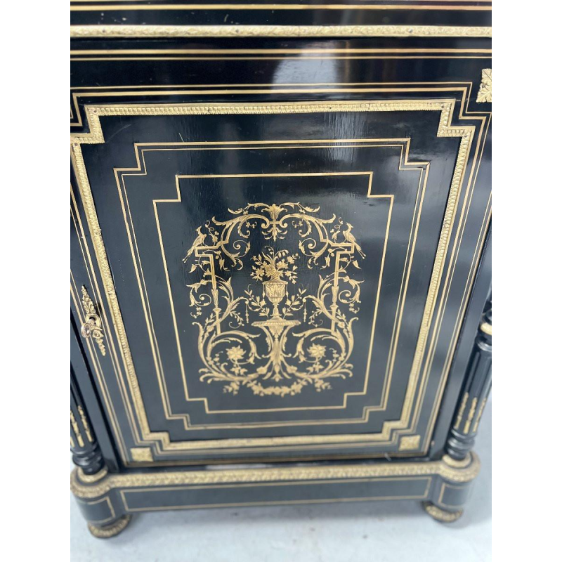 Napoleon III style cabinet with one door, in ebonized wood and brass marquetry, 19th century