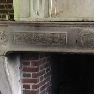 Antique fireplace with overmantel, Burgundy stone, late 17th – early 18th century
