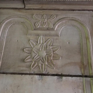 Antique fireplace with overmantel, Burgundy stone, late 17th – early 18th century