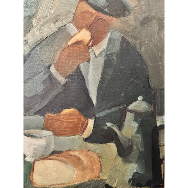 Milo Dardenne “Ontbijt”, olieverfschilderij op canvas, expressionistisch