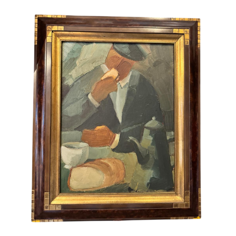 Milo Dardenne “Ontbijt”, olieverfschilderij op canvas, expressionistisch