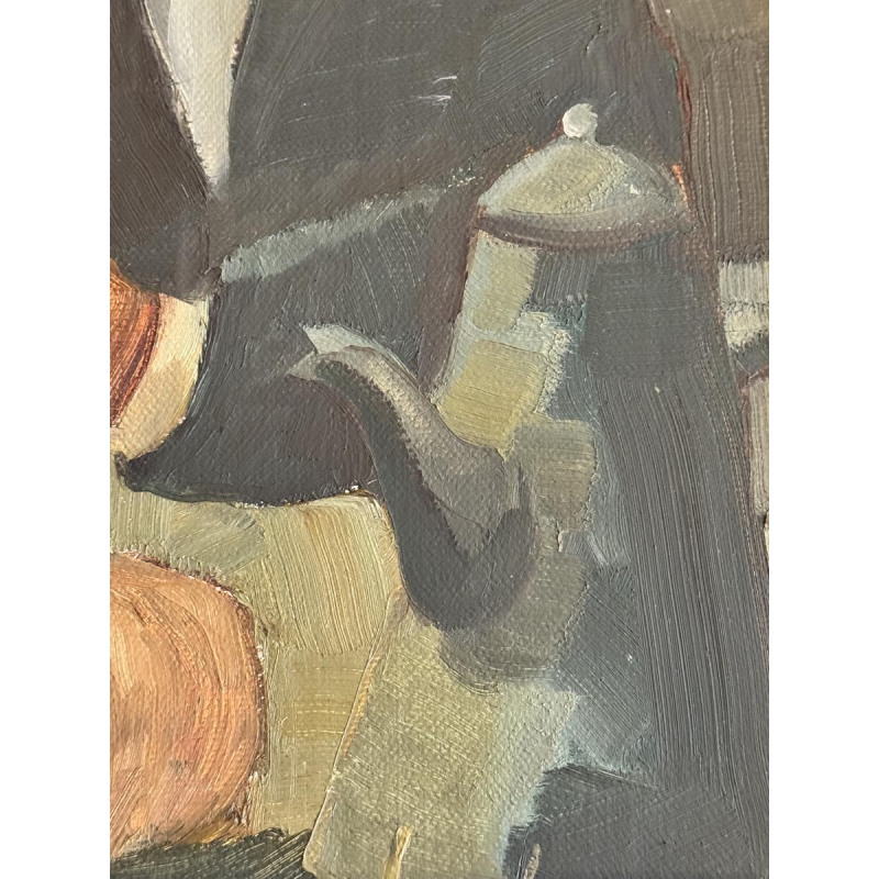 Milo Dardenne “Ontbijt”, olieverfschilderij op canvas, expressionistisch